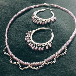 Dusky purple glass bead necklace & earrings